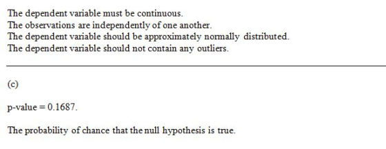 The dependent variable must be continuous. The observations are independently of one another. The dependent variable should b