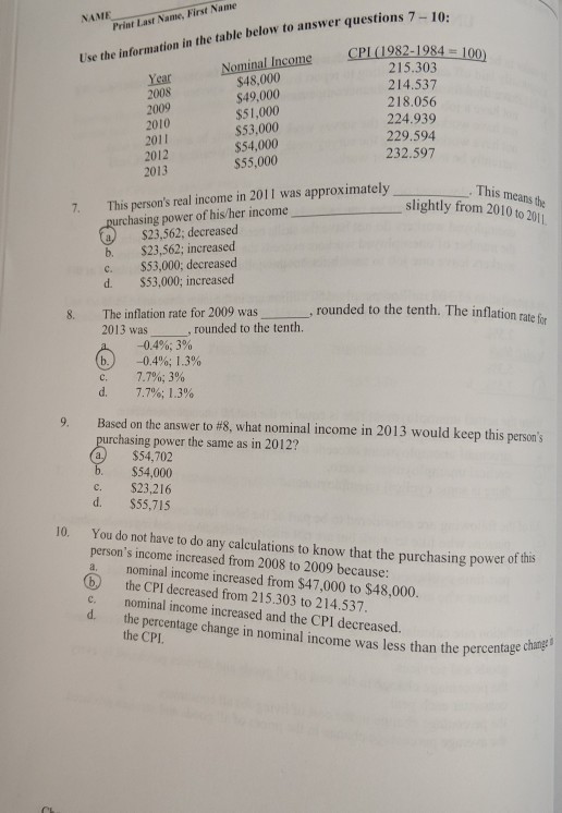 NAME Prior Last Name, First Name Use the information in the table below to answer questions 7_1 2008 CPI (1982-1984 = 100) No