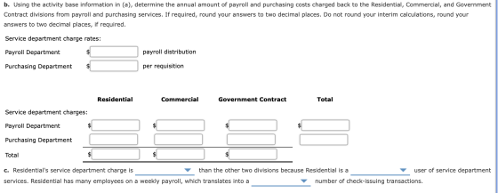 b. Using the activity base information in (a), determine the annual amount of payroll and purchasing costs charged back to th