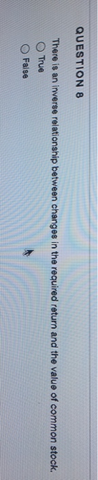 QUESTION 8 There is an inverse relationship between changes in the required return and the value of common stock ? False