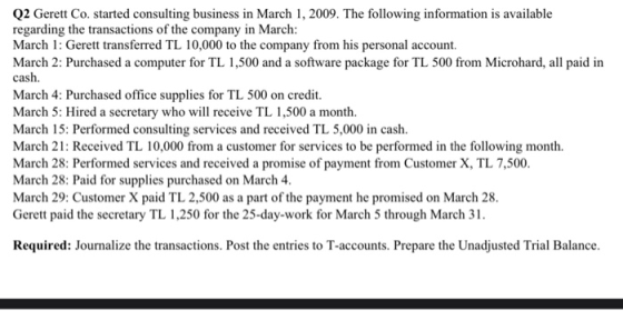 Q2 Gerett Co. started consulting business in March 1, 2009. The following information is available regarding the transactions