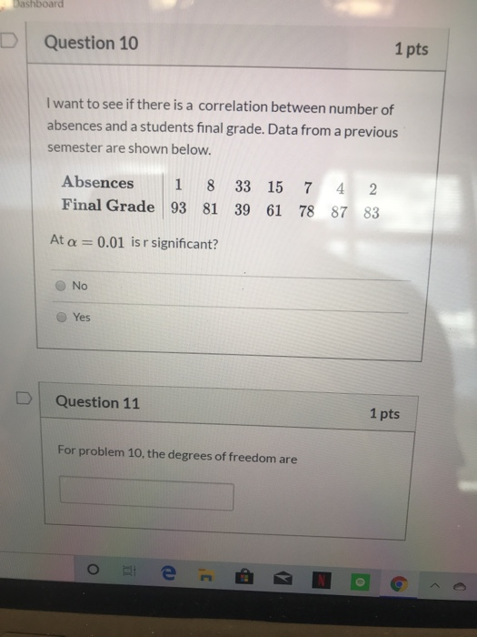 Dashboard Question 10 1 pts I want to see if there is a correlation between number of absences and a students final grade. Da