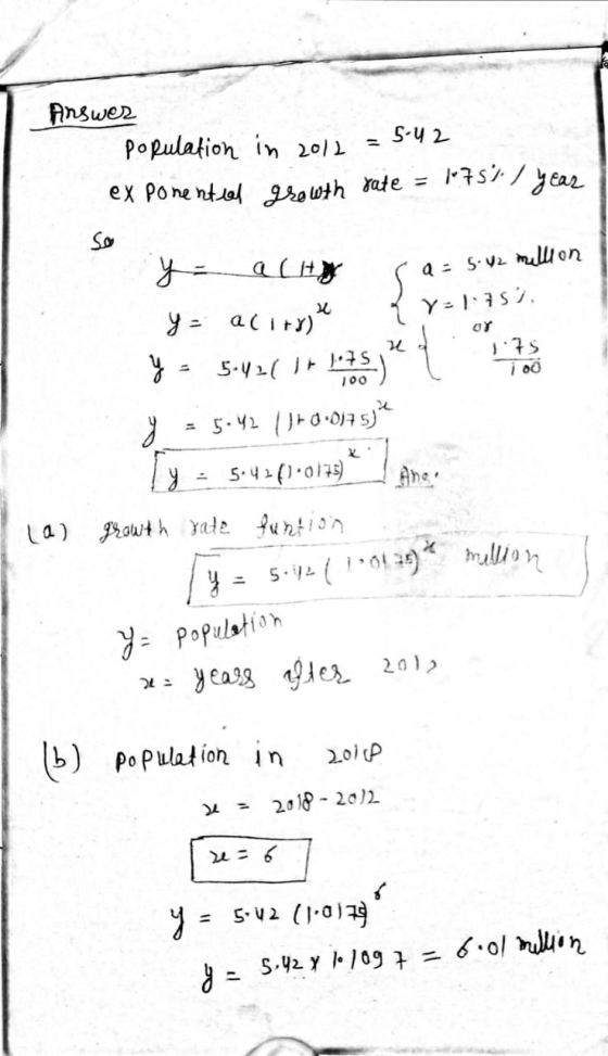 ex Ponential growth rate = 1757 1 year Answer population in 2012 5.42 So - sa = 5.42 million Y Y-1.753, 2e t 175 i o y = City