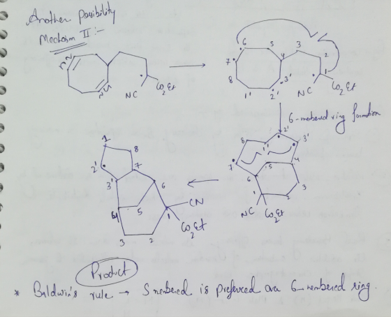 Another posibility Meclaim II :- TY 00 NC 2 NC Co Et rebend ring formation Jormation -CN NC Co Et Product * Baldwins rule Sn