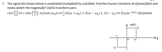 7. The signal x(t) shown below is modulated (multiplied) by cos(10nt). Find the Fourier transform of x(t)cos(10nt) and neatly