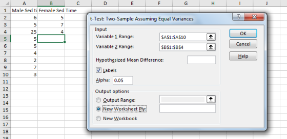 1 Male Sed ti Female Sed Time 6 t-Test: Two-Sample Assuming Equal Variances Input Variable1 Range: Variable 2 Range: Hypothesized Mean Difference: OK Cancel Help SAS1:SAS10 SBS1:SBS4 Labels Alpha: 0.05 Output options 10 13 Output Range: O New Worksheet O New Workbook 15 17 18
