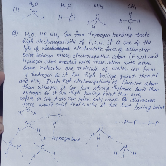 CHy NH2 H-F H-A H H-CH H2O, HF, NH Can fom Aydrogen lorerding dueto high electronegativihy of F,o,N. it i one d the tyfe of e