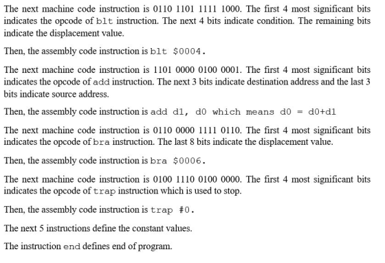 The next machine code instruction is 0110 1101 1111 1000. The first 4 most significant bits indicates the opcode of blt instr