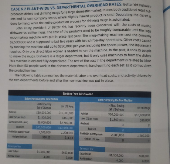 ATES. Better Yet Dishware aditional retail out- corating the dishes is e costs of making CASE 6.2 PLANT-WIDE VS. DEPARTMENTAL