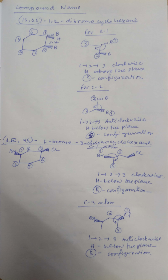 Compound Name (15,25-1,2-dibromo cyclo hexane Que B for el 3- BO 1 2 3 clockwise 4 above the plane ③- configuration, for c-2