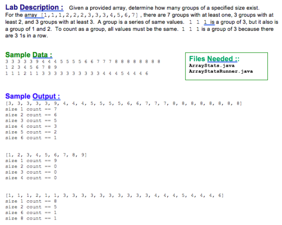 Lab Description: Given a provided array, determine how many groups of a specified size exist. For the array [i,1,1,2,2,2,3,3,