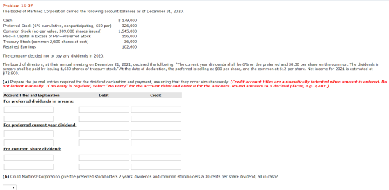 Problem 15-07 The books of Martinez Corporation carried the following account balances as of December 31, 2020. Cash Preferre