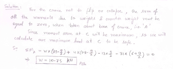 Solu Hon weights 오 count en weight must be egual to taken about base dfcsa nL ,,.e-tA oment arm at c will be maxim um メa we ain zero ,whem Since calculote owt maximum ocel at , to be Aafe るノー13x → | w = 10.75 kN