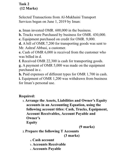 Task 2 (12 Marks) Selected Transactions from Al-Mukhaini Transport Services began on June 1, 2019 by Iman: a. Iman invested O