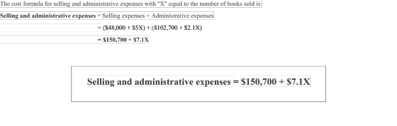 The cost formula for selling and administrative expenses with X equal to the number of books sold is: Selling and administrative expenses Selling expenses-Administrative expenses $150,700 S7.1x Selling and administrative expenses$150,700 + $7.1X