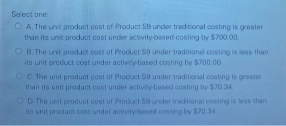 Select one: O A. The unit product cost of Product S9 under traditional costing is greater than its unit product cost under ac
