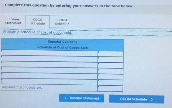 Complete this question by entering your answers in the tabs below. Income Statement COGS Schedule COGM Schedule Prepare a sch