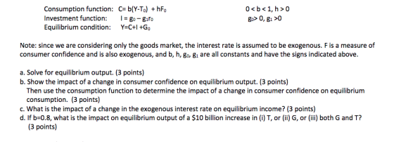 Consumption function: Cb(Y-To) hFo Investment function:gogiro Equilibrium condition: Y-C+I Go Note: since we are considering