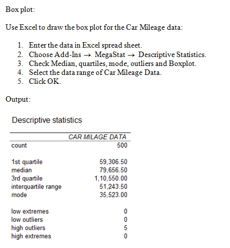 Box plot Use Excel to draw the box plot for the Car Mileage data 1. Enter the data in Excel spread sheet 2. Choose Add-InsMeg