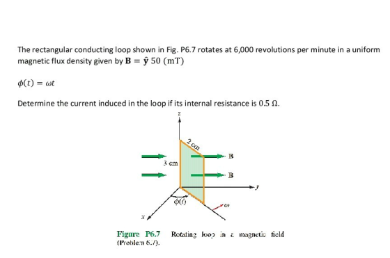 The rectangular conducting loop shown in Fig. P6.7 rotates at 6,000 revolutions per minute in a uniform magnetic flux density
