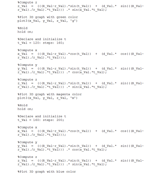 %Compute z %Plot 3D graph with green color plot 3 (xval, yval, zVal, g) - - - Hold hold on; Declare and initialize t t Val