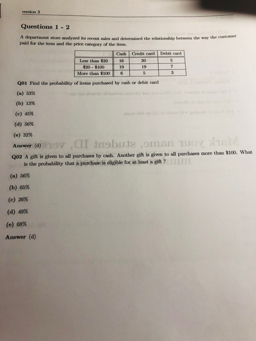 Version 3 Questions 1 - 2 A department store analyzed its recent sales and determined the relationship between the way the cu