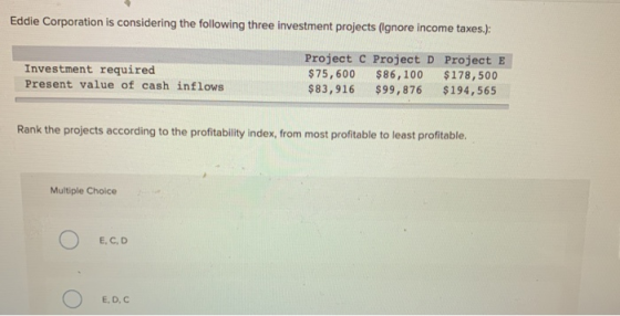 Eddie Corporation is considering the following three investment projects (Ignore income taxes.): Investment required Present