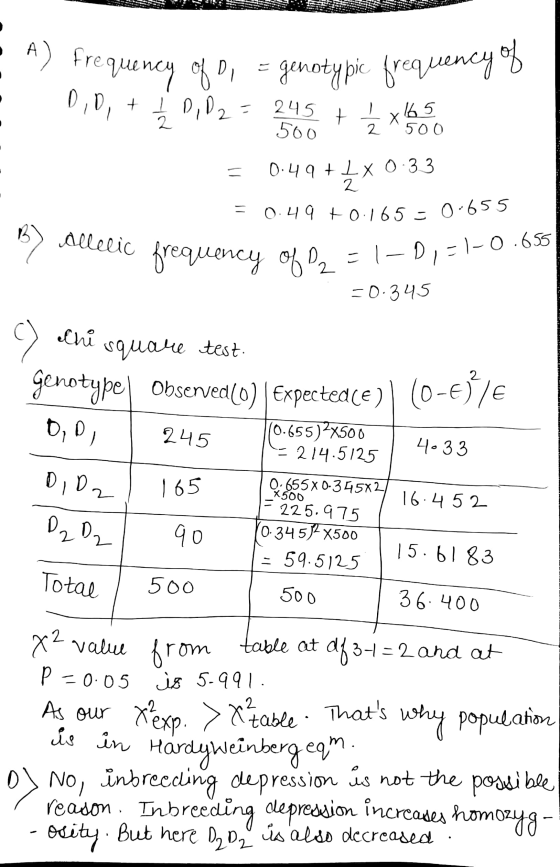 A • - frequency of Di = genotypic frequency of 0,0, + +0,02 = 24,5 + Ź x oo 500 2 = 0.49 +4x 0.33 = 0.49 +0.165 - 0-655 Allel