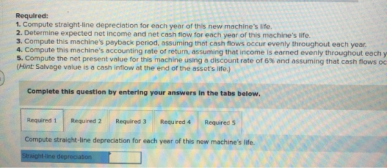 Required: 1. Compute straight-line depreciation for each year of this new machines life. 2. Determine expected net income an