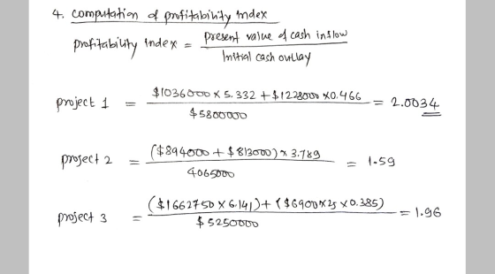 4. computation of profitability Index profitability index = present value of cash inflow Initial cash onllay project 1 $10360