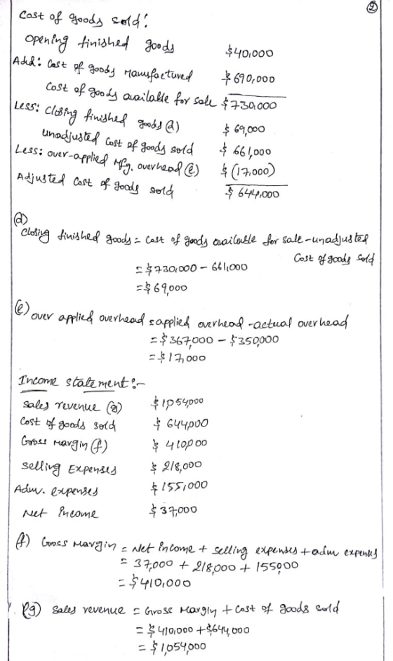 Cost of goods Cold 60,ooo Luss: cl Less: over-oppl 00o 6444,000 a) 与ユ301000-646000 69,000 e) oveV over heod Tntome statiment sale丿revenue (a) Cost 낙 goods sold p54p0o c44200 1 551 000