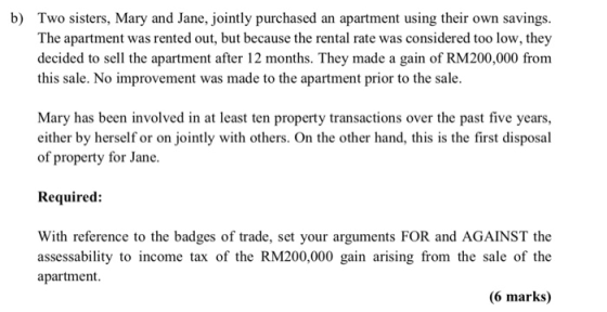 b) Two sisters, Mary and Jane, jointly purchased an apartment using their own savings. The apartment was rented out, but beca