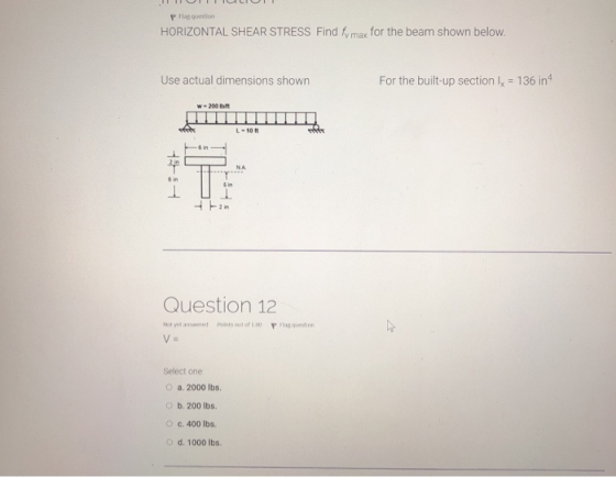 P Flas question HORIZONTAL SHEAR STRESS Find fy max for the beam shown below. Use actual dimensions shown For the built-up se