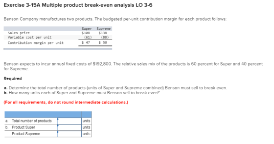 Exercise 3-15A Multiple product break-even analysis LO 3-6 Benson Company manufactures two products. The budgeted per-unit co