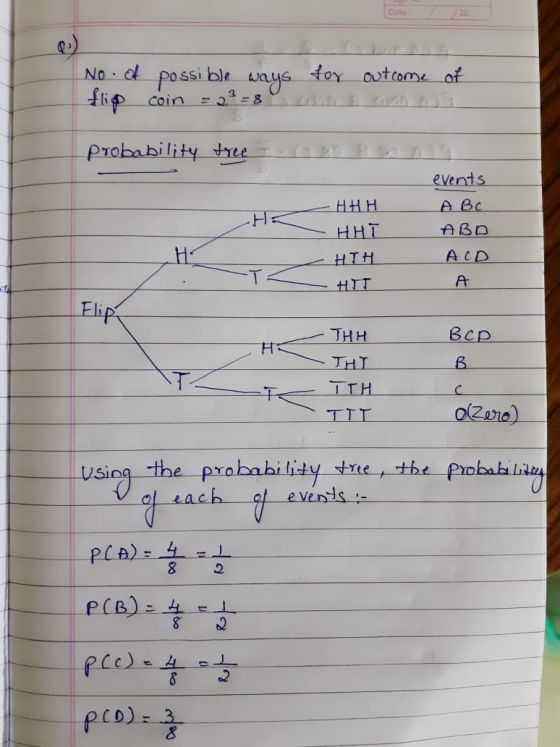 Basto No. of possible ways for outcome of flip coin = 23=8 probability tree events HE HHH HHT ABC ABD ACD A HO HTH Flip THH в