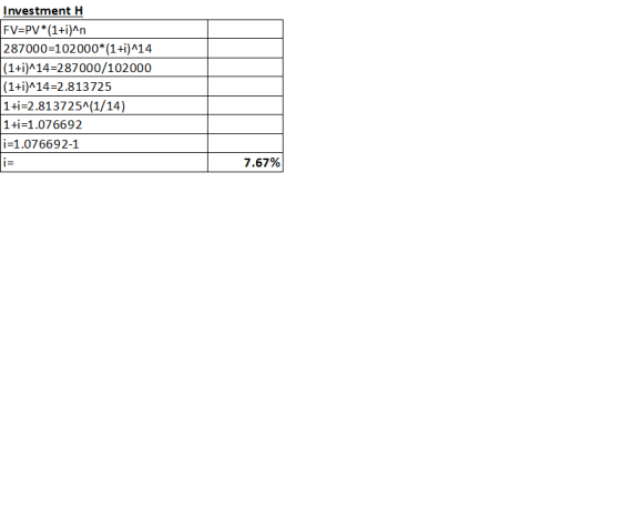 Investment H FV=PV*(1+i)^n 287000=102000*(1 +i)^14 (1+i)^14=287000/102000 (1+i)^14=2.813725 1+1=2.813725^(1/14) 1+1=1.076692