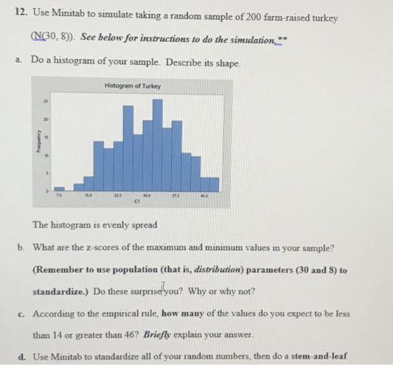 12. Use Minitab to simulate taking a random sample of 200 farm-raised turkey NG0, 8) ). See below for instructions to do the simulation Do a histogram of your sample. Describe its shape. a. Histogram of Turkey 25 20 7.5 22.5 100 7.5 C1 The histogram is evenly spread What are the z-scores of the maximum and minimum values in your sample? (Remember to use population (that is, distribution) parameters (30 and 8) to standardize.) Do these surprise you? Why or why not? b. c. According to the empirical rule, how many of the values do you expect to be les than 14 or greater than 46? Briefly explain your answer. d. Use Minitab to standardize all of your random numbers, then do a stem-and-leaf