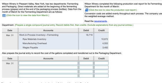 Wilson Winery in Pleasant Valley, New York, has two departments: Fermenting and Packaging. Direct materials are added at the
