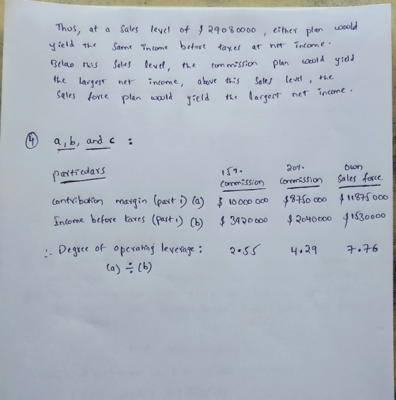 Thus, at a yield the Below this the largest Sales force sales level of 129080000, either plan would same income before taxes