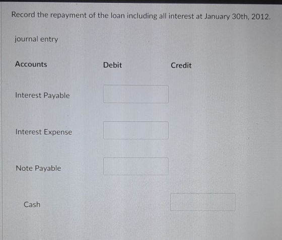 Record the repayment of the loan including all interest at January 30th, 2012. journal entry Accounts Debit Credit Interest P