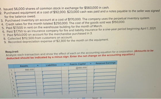 7. Issued 56,000 shares of common stock in exchange for $560,000 in cash. 2. Purchased equipment at a cost of $92,000. $23,00