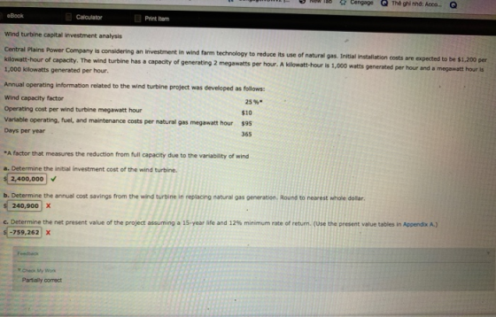 T m Now 186 « Cengage The ghi nhd: Acco... Q eBook Calculator Print Item Wind turbine capital investment analysis Central Pla