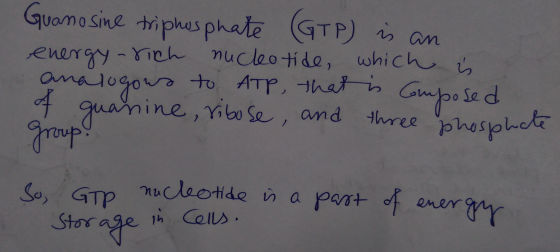 Guano sine triphosphate (GTP) is an energy-rich nucleotide, which is analogows to ATP, that is Composed of guanine, ribose, a
