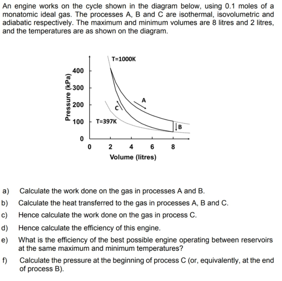 An engine works on the cycle shown in the diagram below, using 0.1 moles of a monatomic ideal gas. The processes A, B and C a