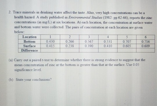 2. Trace minerals in drinking water affect the taste. Also, very high concentrations can be a health hazard. A study published in Environmental Studies (1982: pp 62-66), reports the zinc concentrations (in mg/L) at six locations. At each location, the concentration at surface water and bottom water were collected. The pairs of concentration at each location are given below Location Bottom Surface Difference 0.430 0.415 0.266 0.238 0.567 0.390 0.531 0.410 0.707 0.605 0.716 0.609 (a) Carry out a paired t test to determine whether there is strong evidence to suggest that the mean concentration of zinc at the bottom is greater than that at the surface. Use 0.05 significance level. (b) State your conclusions?
