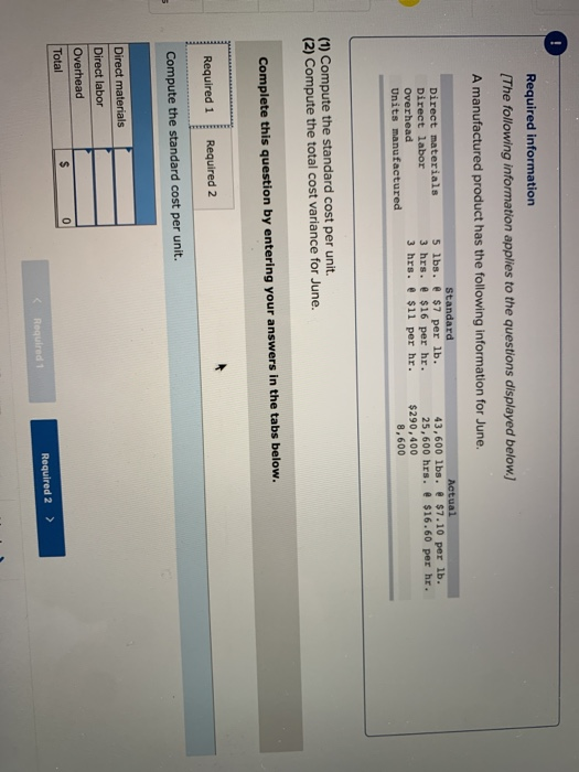 Required information [The following information applies to the questions displayed below.) A manufactured product has the fol