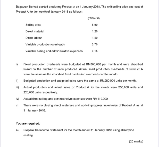 Bagawan Berhad started producing Product A on 1 January 2018. The unit selling price and cost of Product A for the month of J