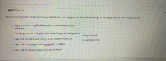 QUESTION 18 Match the description and examples provided with the categories in which they belong: AUn-programmed or B - Progr