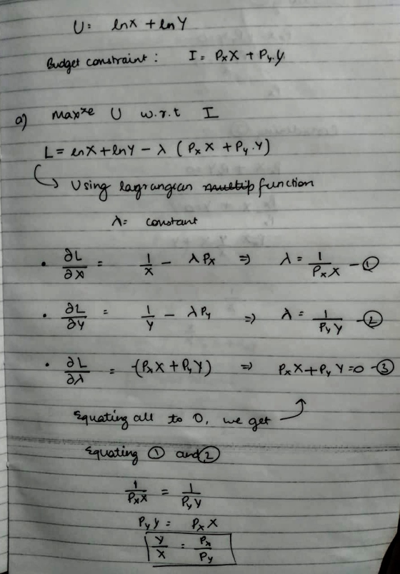 U enx teny I, PxX + P4.4 Budget constraint : I a) maxre U wort L = enx + eny-X (Px X + Py.Y) G Using lagrangean multip functi