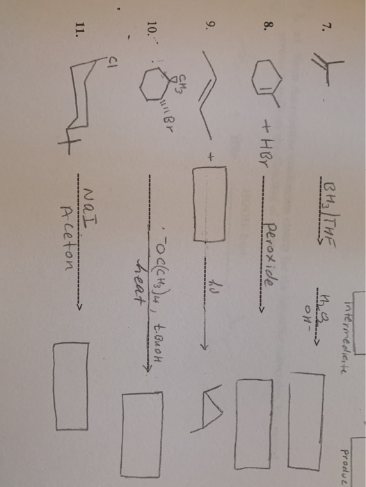 produc 7. BH3/THE Intermediate th on- 8. + Her peroxide 9. hu CM3 Br 10. - c(CH3)4, t. Bush heat cl 11. NaI Aceton ->